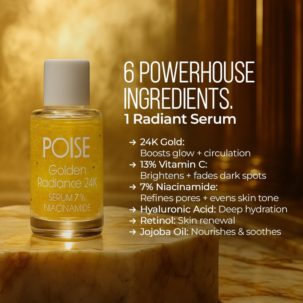 POISE COSMETICS 24K Golden Radiance Serum, Niacinamide and Vitamin C Serum for Vibrancy and Hydration, Helps Even Skin Tone for a Youthful Glow (0.5 fl oz)