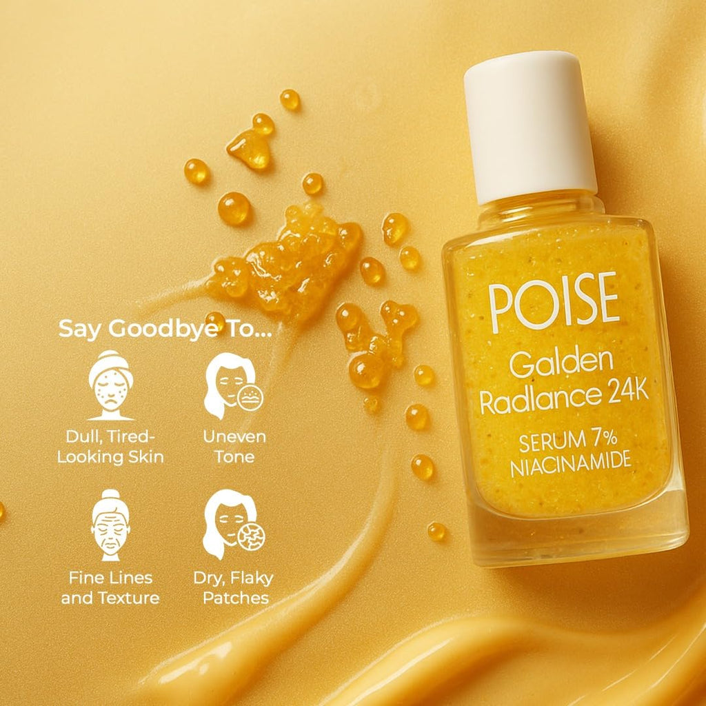 POISE COSMETICS 24K Golden Radiance Serum, Niacinamide and Vitamin C Serum for Vibrancy and Hydration, Helps Even Skin Tone for a Youthful Glow (0.5 fl oz)