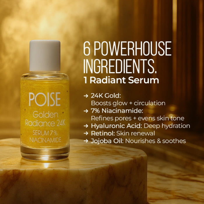 POISE COSMETICS 24K Golden Radiance Serum – Multi-Action Skincare Solution | The 4-in-1 Skin Transformer for Visibly Clear, Radiant Skin & Youthful Glow (0.5 fl oz)
